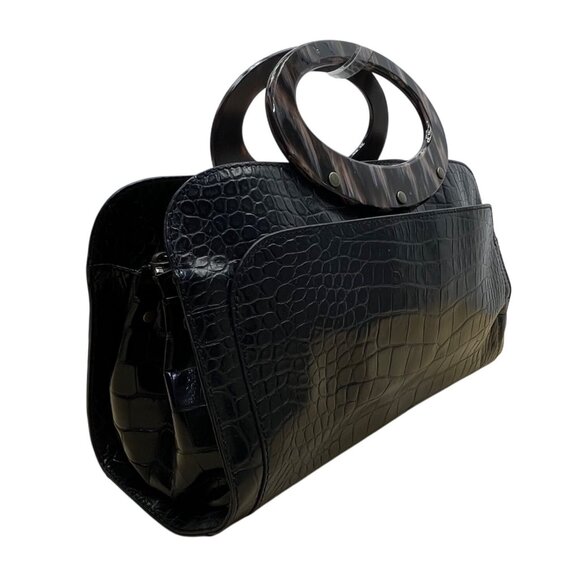 Adrienne Vittadini Women’s Black Leather Croc Embossed Tortoiseshell Top Handle - Picture 2 of 11